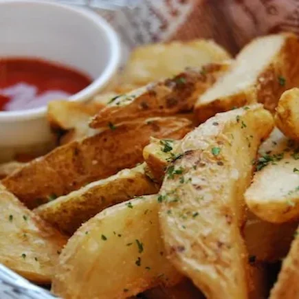 Bowl of ketchup with seasoned crispy potato skin fries